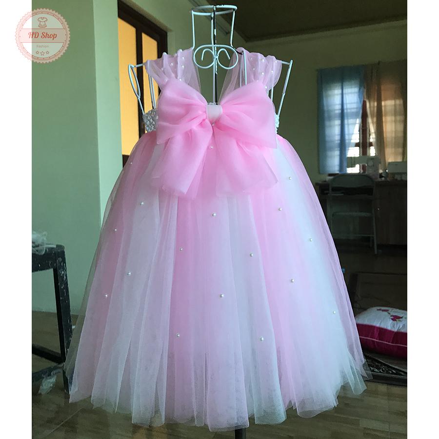 Váy tutu trắng phối hồng phấn nơ đính đá cho bé