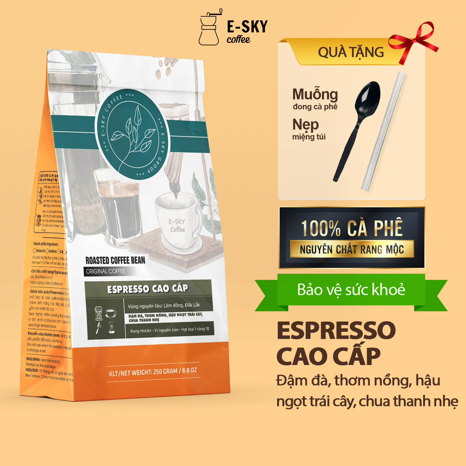 Cà Phê Rang Xay Nguyên Chất Espresso E-sky Coffee Cafe Pha Máy 250g-500g