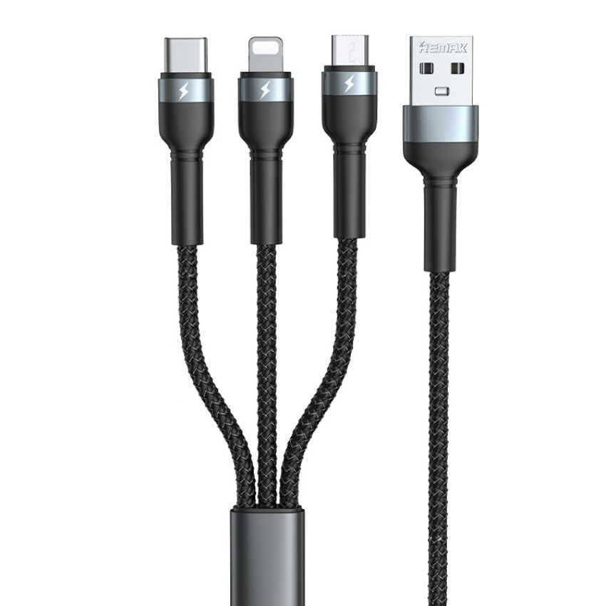 Dây sạc 3 đầu sạc nhanh chính hãng remax rc-124th sạc nhanh đa năng 3 đầu sạc iphone, typec c, microusb cáp sạc dài 1.2m dây bọc dù chống đứt gãy - vcomtech