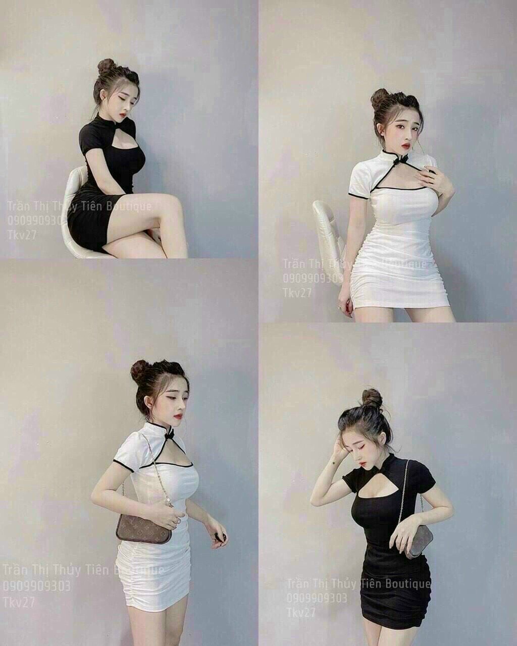 [Freeship]Đầm Body Cổ Tàu Hở Ngực nhún eo (Có Mút)