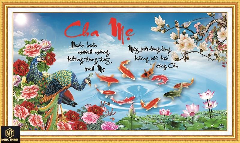 Tranh đính đá cao cấp Cha mẹ đôi công hoa cá VS255