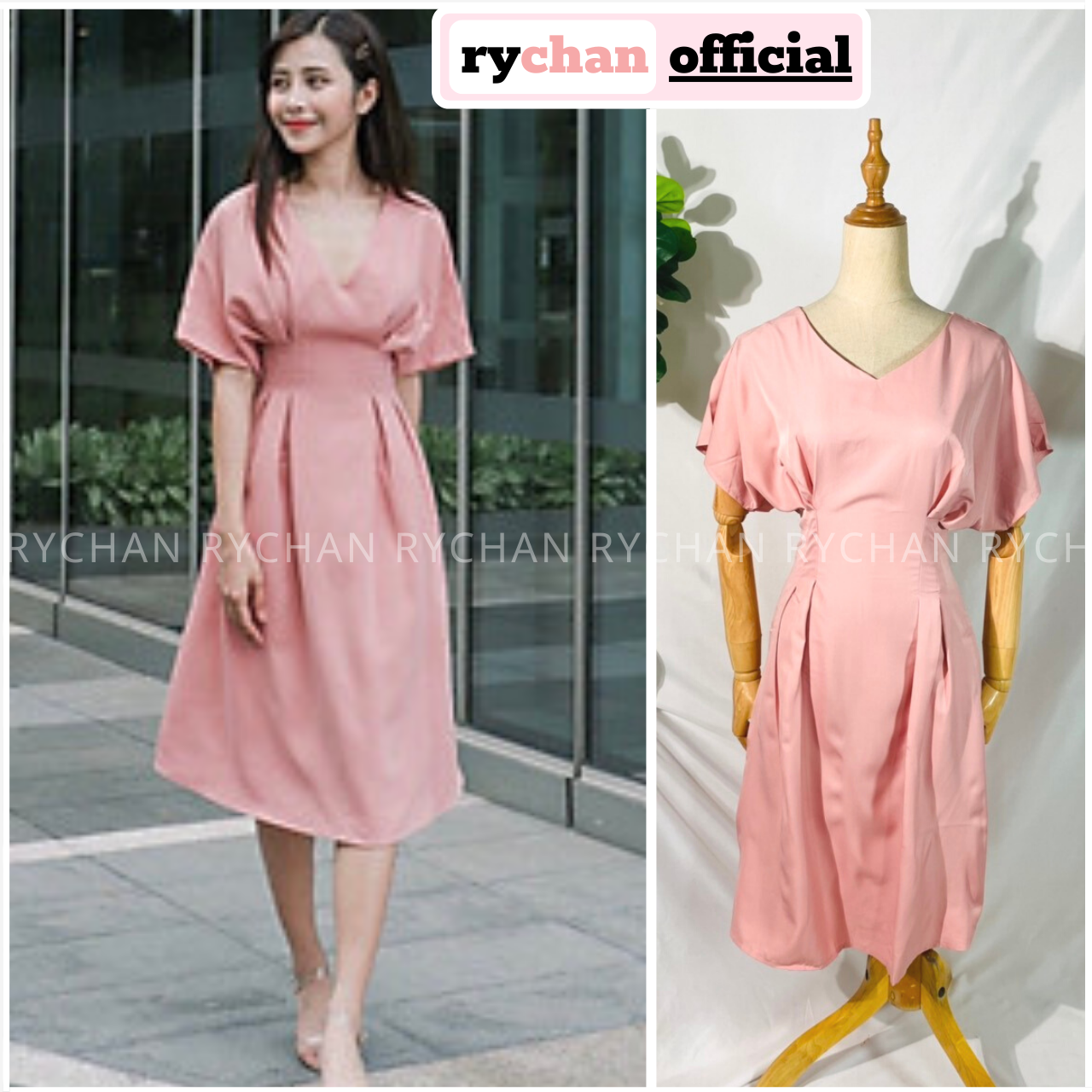 [XÃ KHO] Đầm Xoè Hồng Cổ V Cánh Dơi Bo Eo Form Dài - DX074