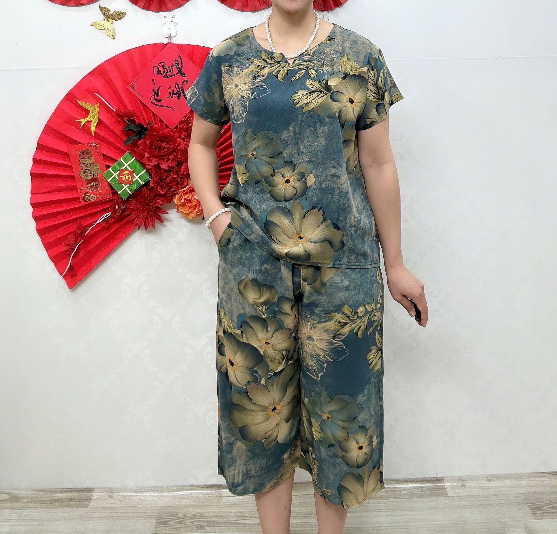 Đồ bộ mặc nhà trung niên tay ngắn - chất lụa hàn châu cao cấp