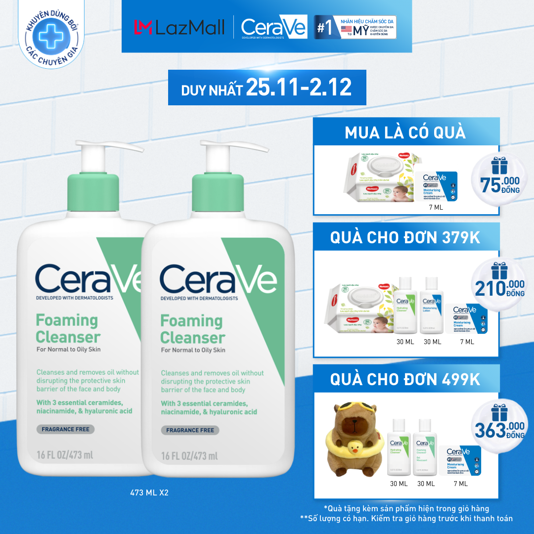 Bộ đôi sữa rửa mặt CeraVe dành cho da dầu Foaming Cleanser 473ml