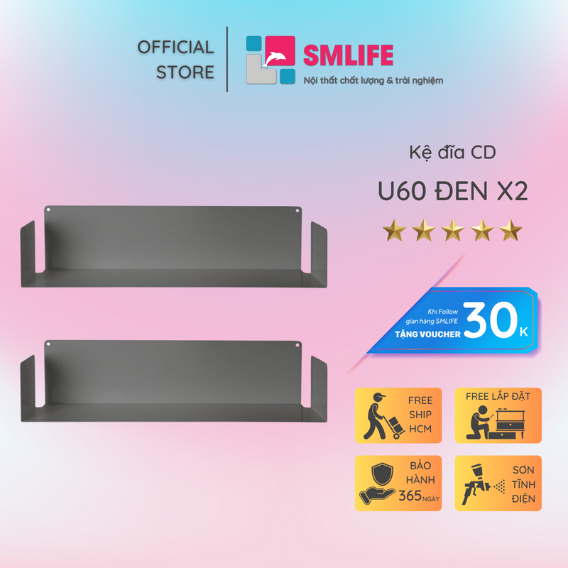 Kệ đĩa CD chữ U 60 - Kệ treo tường bằng thép dày 1,6mm - Sơn tĩnh điện màu Trắng/ Đen hiện đại - Tặng kèm bộ ốc vít và đầu bịt ốc