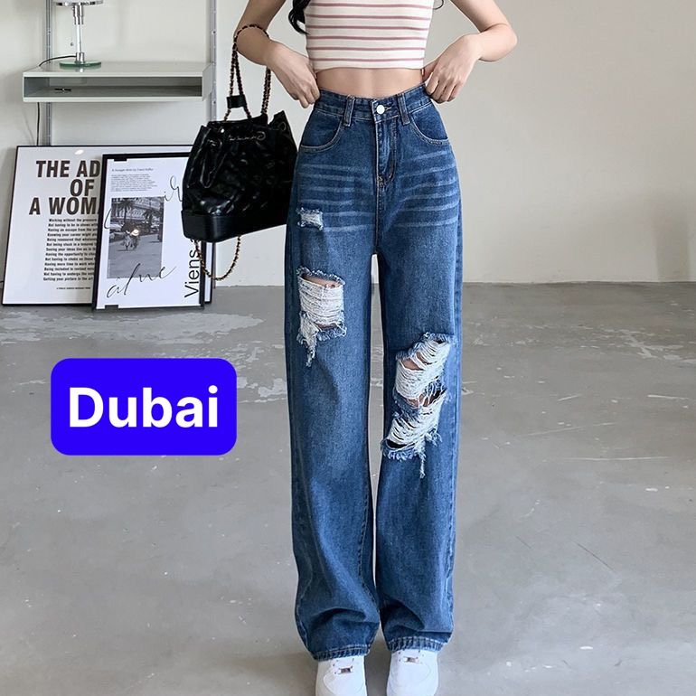 Quần jean ống suông rộng màu xanh đen rách cơ bản cạp lưng cao nâng mông phong cách hot trend 2023 - Dubai Fashion