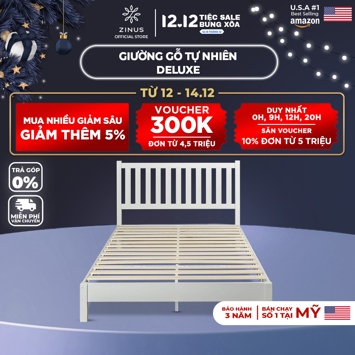 Giường Gỗ Trắng cao 30cm Zinus – 12in Deluxe Solid Wood Platform Bed