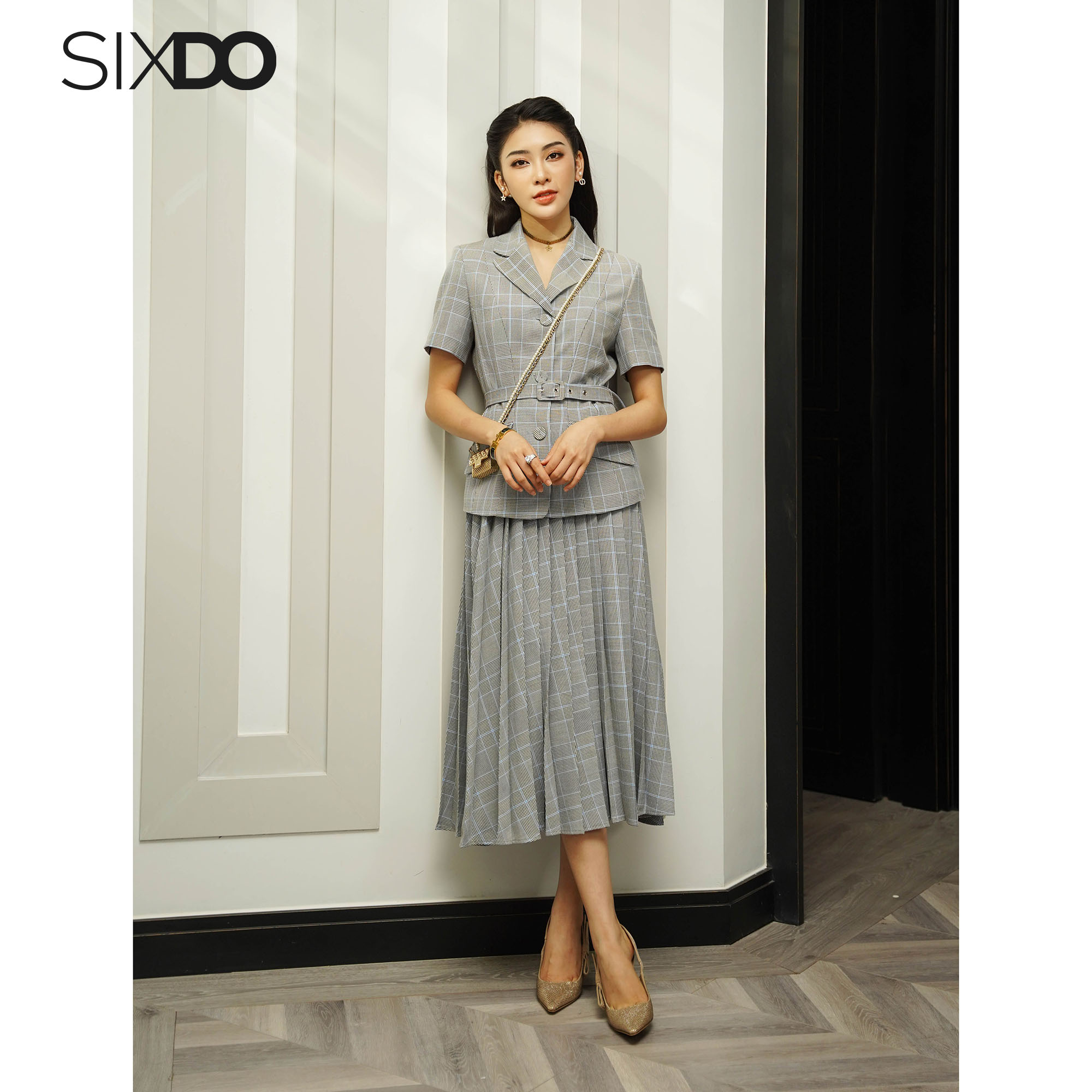 Chân váy xếp ly dệt thoi họa tiế kẻ SIXDO (Multi-coloured Check Pleated Midi Woven Skirt)