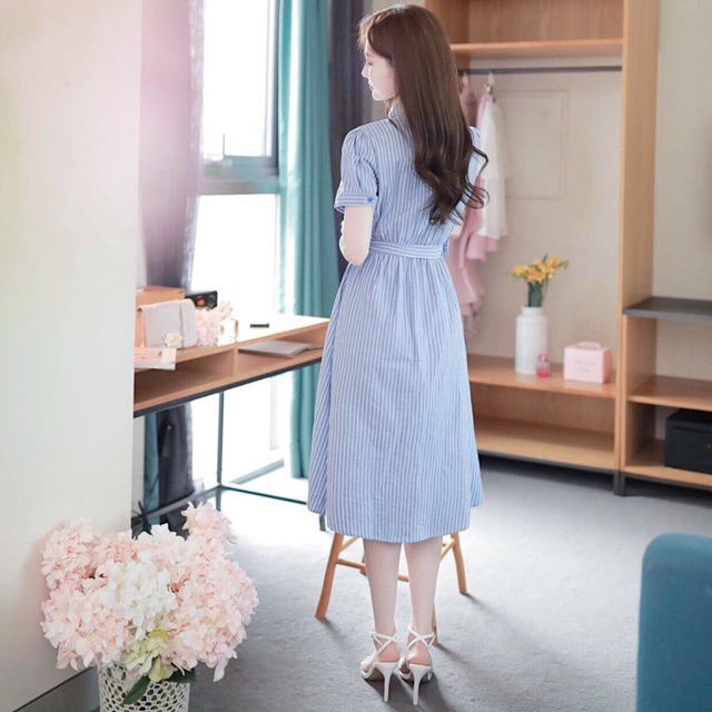 [HCM]Đầm sọc xanh xẻ tùng