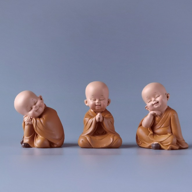 [HCM]Bộ 03 chú tiểu áo nâu an nhiên - mẫu ngồi size mini 7cm
