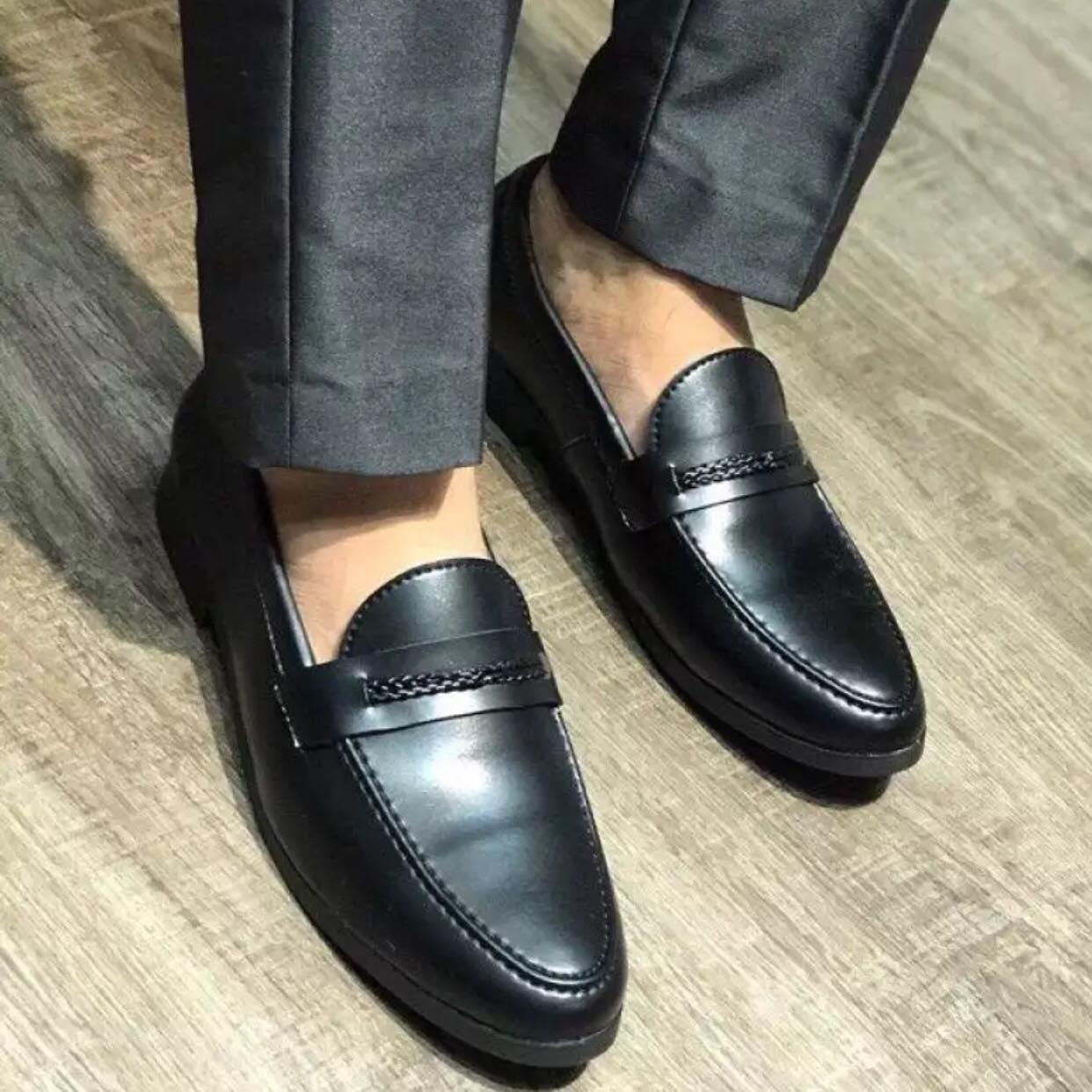 Giầy lười da lì dây tết nam