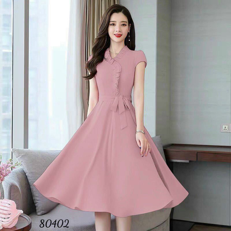 Đầm xòe tiểu thư siêu xinh kính đáo đính nút thắt nơ eo xinh xắn dự tiệc thanh lịch