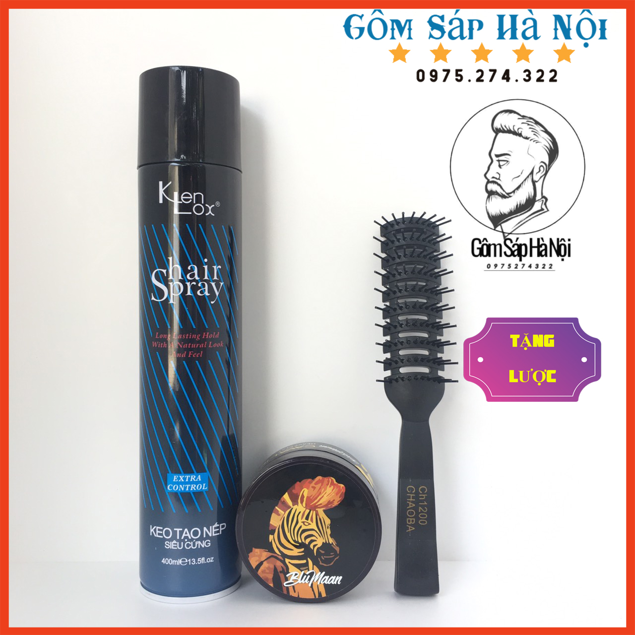 Combo gôm xịt tóc tạo kiểu kenlox xanh + sáp vuốt tóc blumaan cavalier heavy clay + lược chaoba