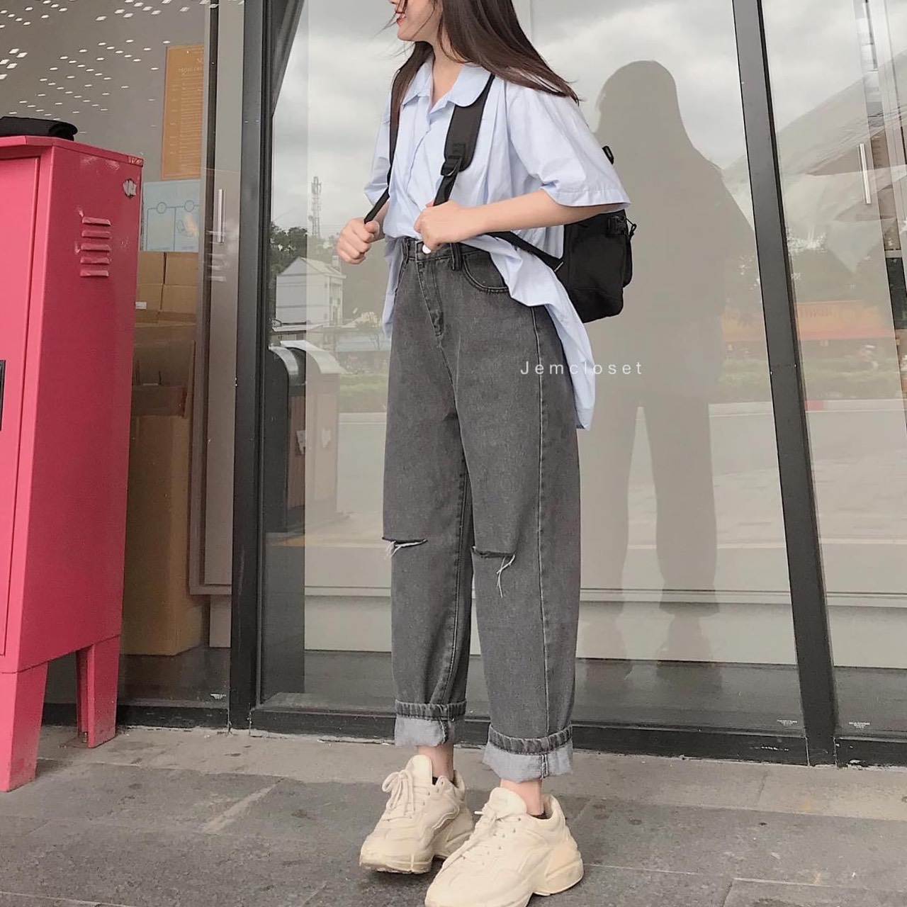 🧚🏻‍♀️BAGGY JEANS XÁM LƯNG CAO RÁCH GỐI