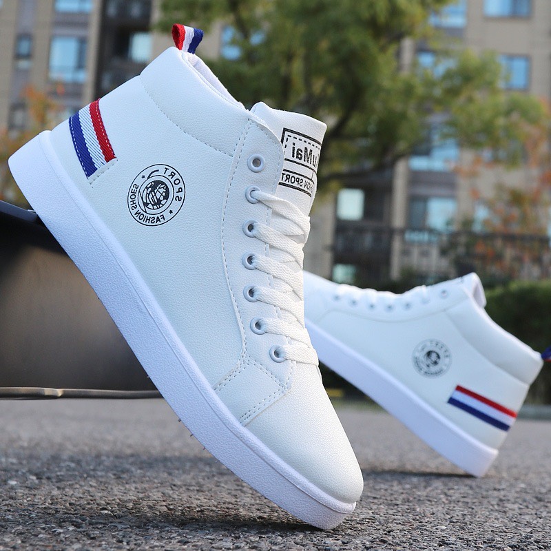 Giày nam cao cổ màu trắng fashion sport gót cờ đỏ lam mới về - Sudoo