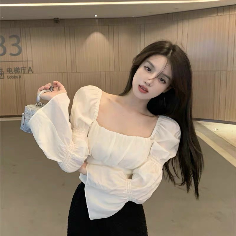 Áo croptop cổ vuông nhún tay nơ lưng bánh bèo xinh xắn