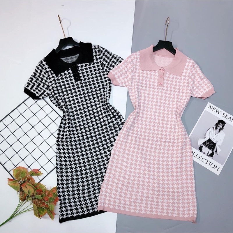 Váy đầm len body dáng A cổ bẻ cộc tay zic zắc