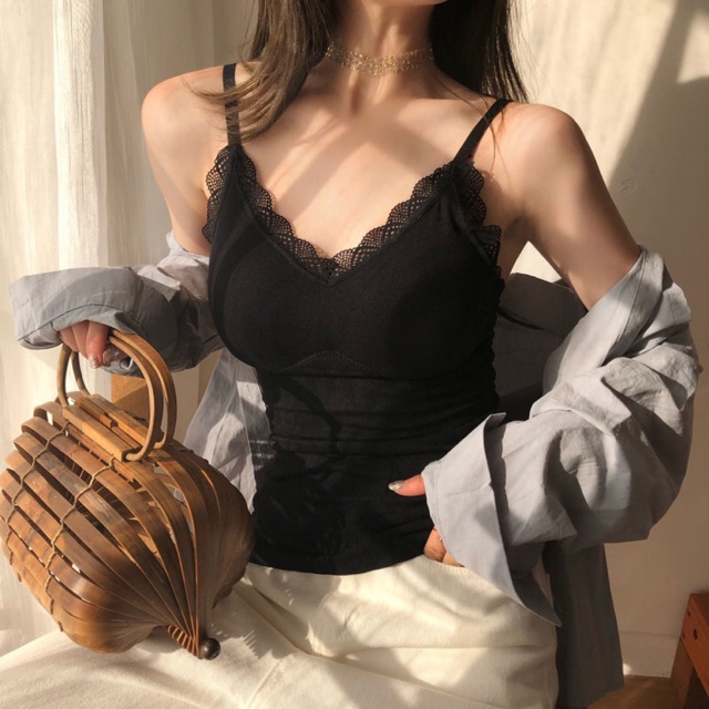 Áo bra cotton nữ hai dây, Áo bra nữ tăm gân dáng dài, viền ren sexy dễ phối đồ dáng xinh