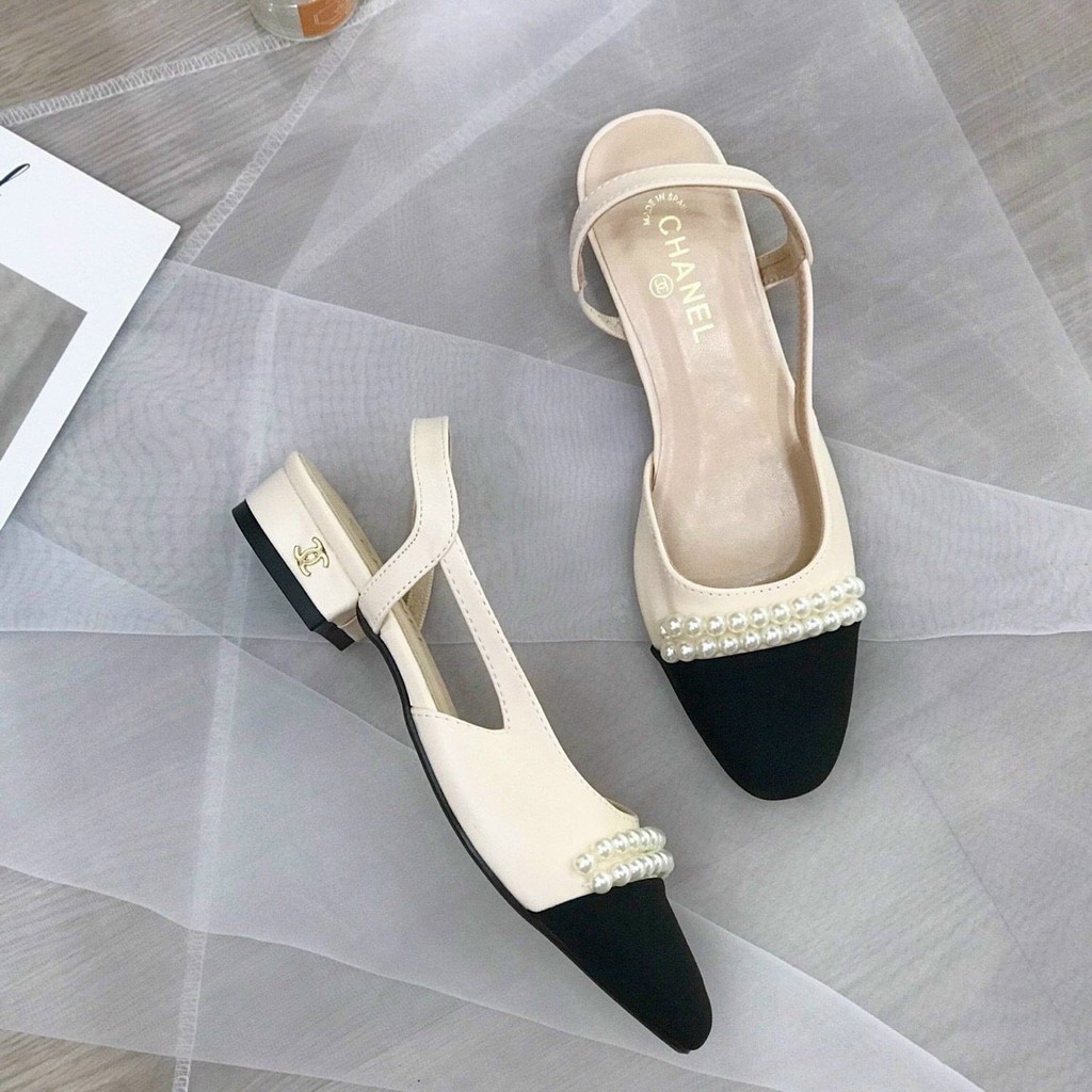 Giày búp bê hở gót 2p đính ngọc phong cách tiểu thư