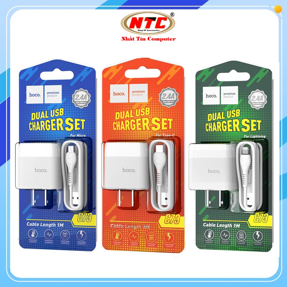 Bộ cáp sạc và cốc sạc 2 cổng Hoco C73 - 3 chân sạc tùy chọn (Micro-USB / Lightning / Type-C) dài 1M, max 2.4A (Trắng) - Nhất Tín Computer