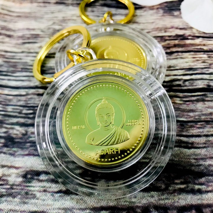 Móc khóa xu Phật Nepal Màu vàng ánh kim Đường kính của móc khóa đồng xu là 5cm- SP000413
