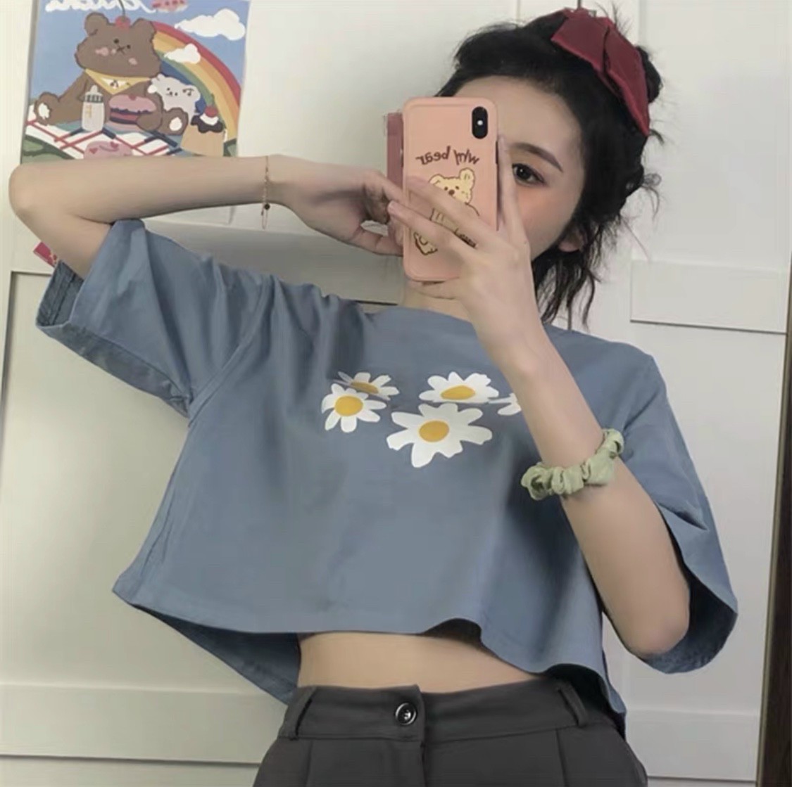 [HCM]Áo croptop hoa cúc from rộng