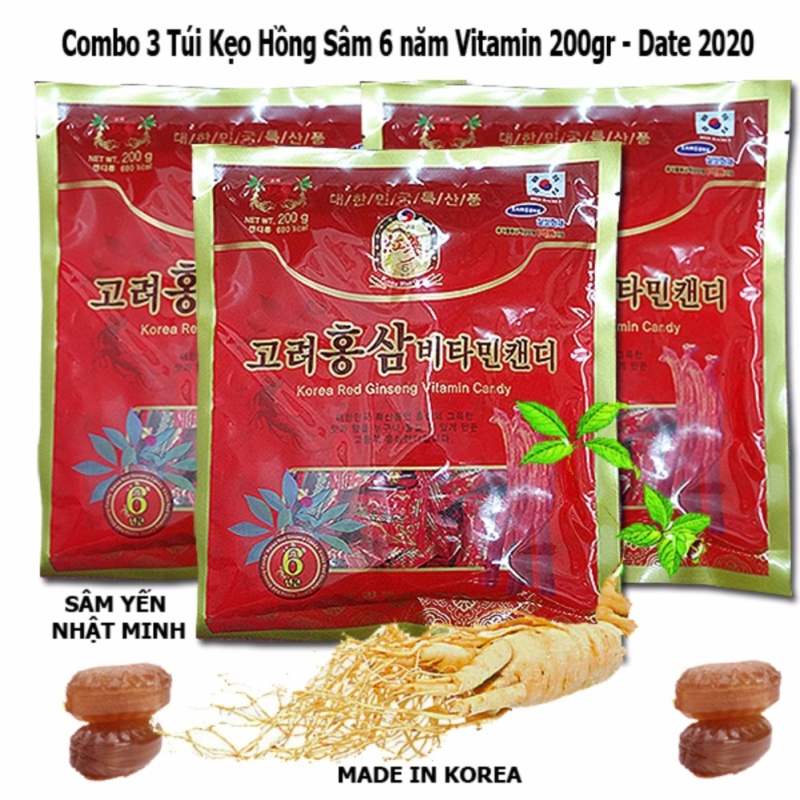 Bộ 3 gói Kẹo Hồng Sâm Vitamin 6 Năm Tuổi Hàn Quốc 200g/gói x 3