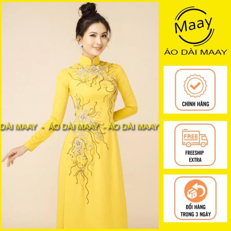 Áo dài trung niên vàng đính kết ngọc phối đá cao cấp, áo dài tặng mẹ