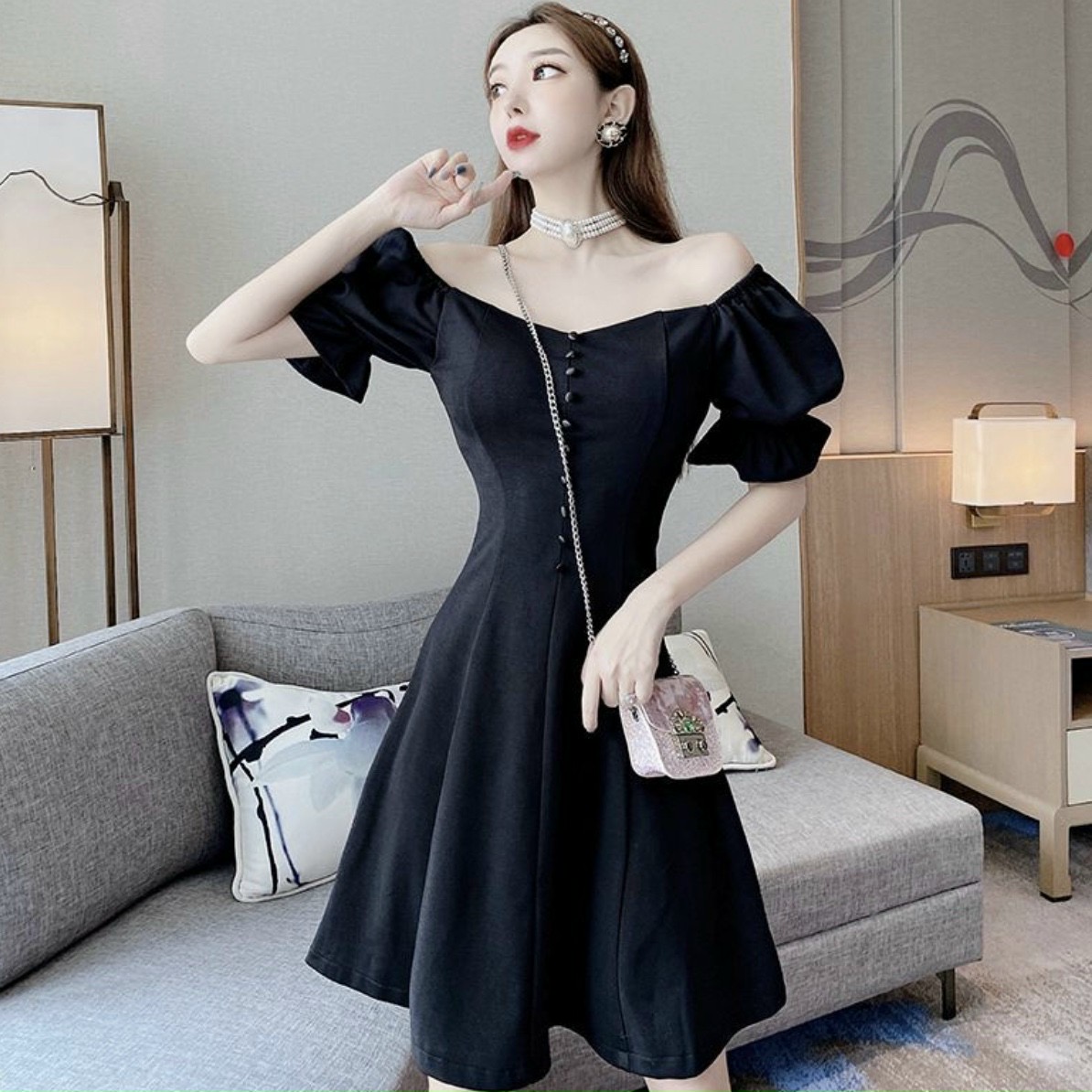 Đầm Xòe Nút Bọc Cổ V 2 Màu - DX0054