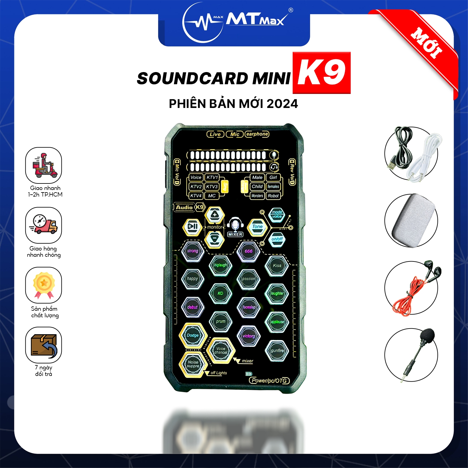 Sound card k9 phiên bản mới 2024 - siêu phẩm sound card hỗ trợ livestream thu âm karaoke tặng kèm micro tai nghe dây cáp đầy đủ chỉ cần cắm xài.