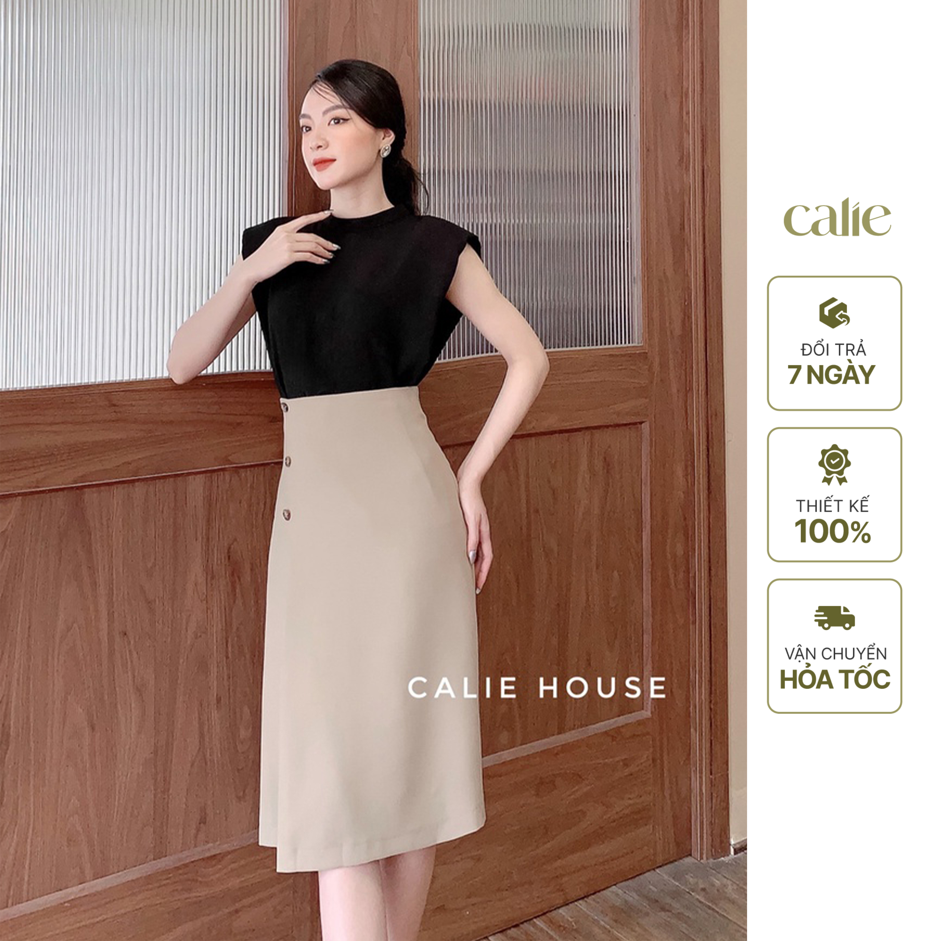 Chân Váy Dáng Dài Nữ Dáng A Xếp Ly Lệch Đính Cúc Gỗ Thanh Lịch Thời Trang