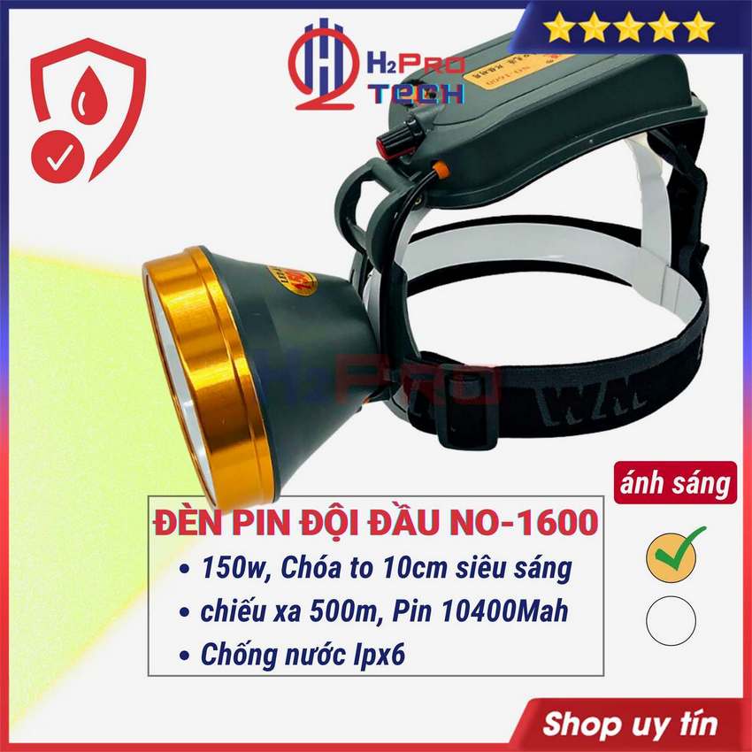 Đèn Pin Đội Đầu Siêu Sáng 150W NO-1600 Xa 500m Pin Trâu 10400Mah - Chống Nước, Ánh Sáng Vàng Hoặc Trắng - H2Pro Tech