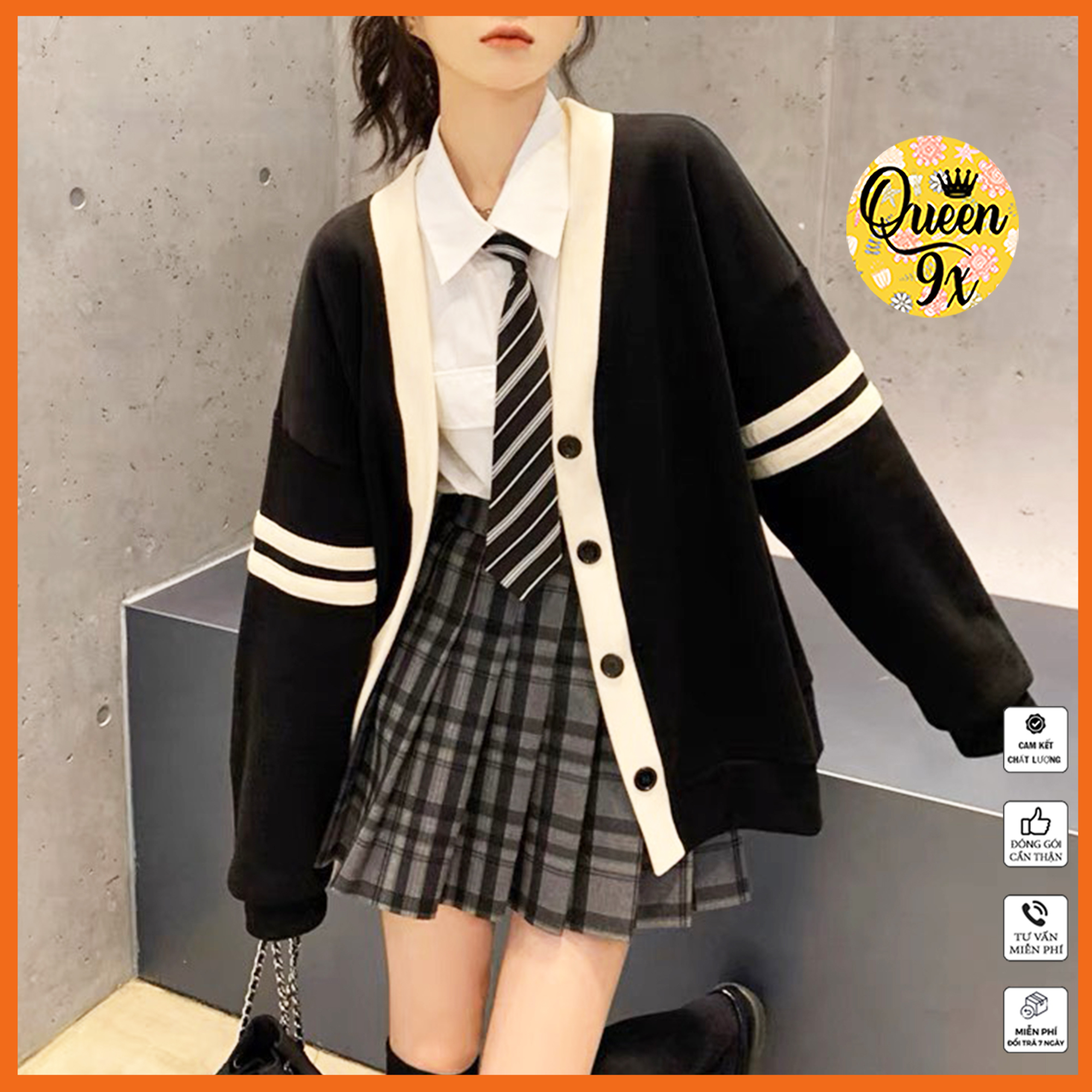 Áo Khoác Cardigan 2 Sọc Tay Xám Đen Nâu Basic