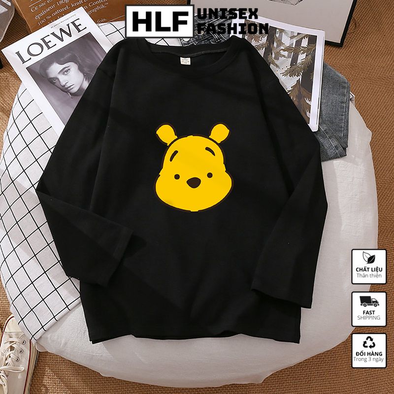Áo thun dài tay form xuông rộng gấu vàng, áo thu đông nữ HLFashion