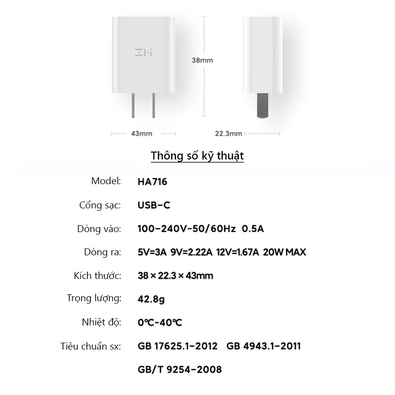 Củ sạc nhanh PD 20W ZMI Hỗ trợ sạc iPhone, iPad, Android ( Model HA716 )
