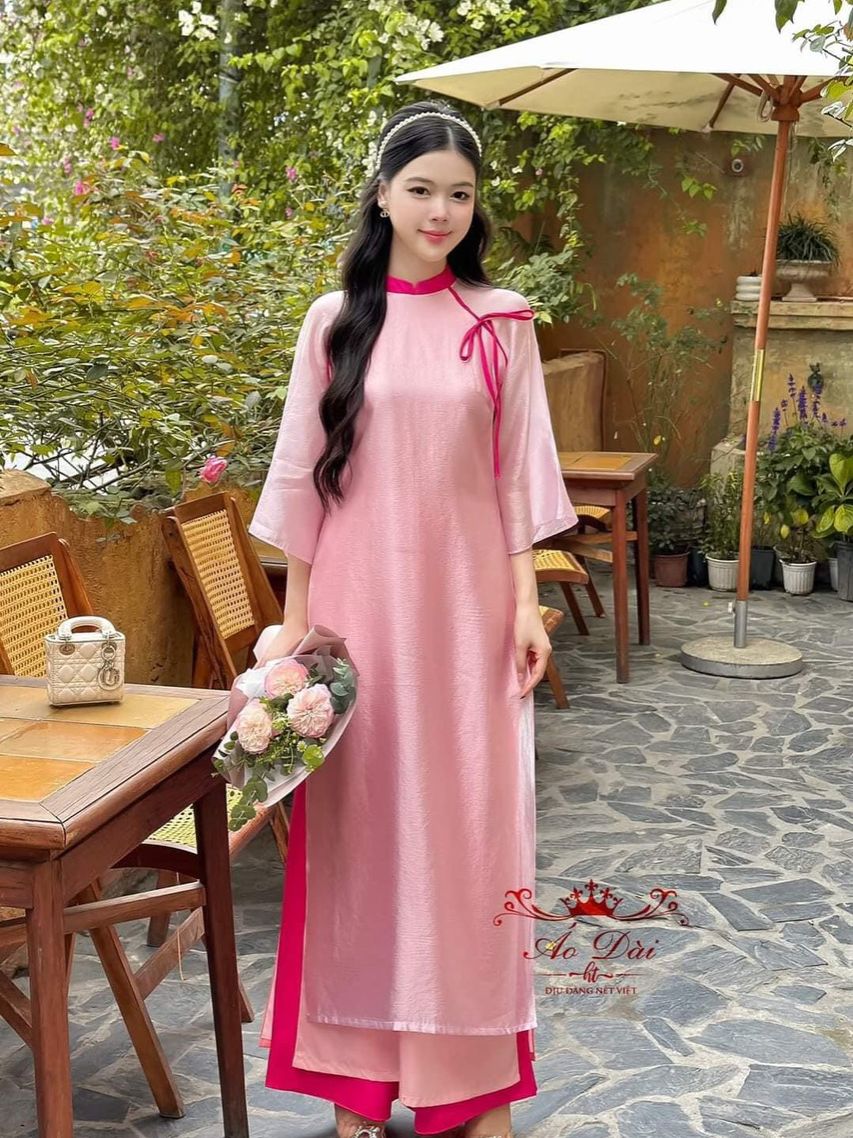 Áo dài truyền thống màu tím lụa mỹ vải mềm co dãn thấm hút tốt