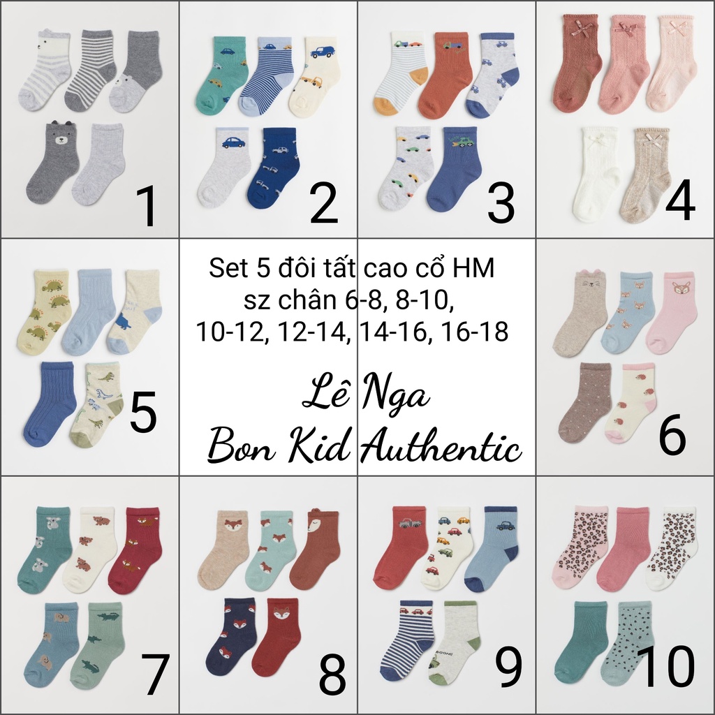 Set 5 đôi tất hm uk/us/jp sz chân 6-8cm, 8-10cm, 10-12cm, 12-14cm, 14-16cm, 16-18cm