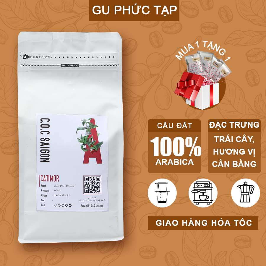 Cà phê Arabica Cầu Đất Catimor nguyên chất rang mộc gu nhẹ nhàng pha máy, pha phin C.O.C Saigon