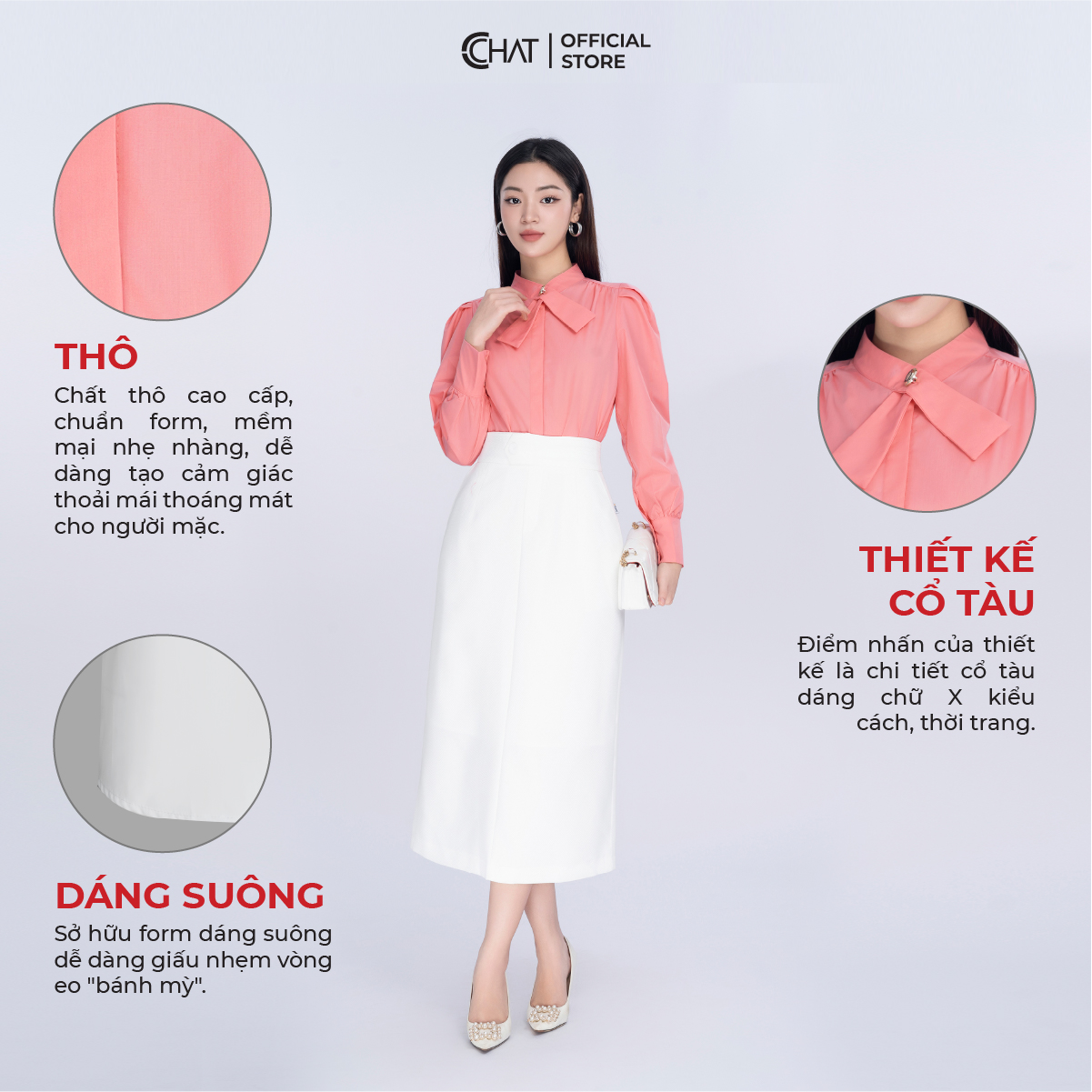 Áo Sơ Mi Nữ CCHAT Cổ Nơ Chất Thô Cao Cấp 23FDT2006ST
