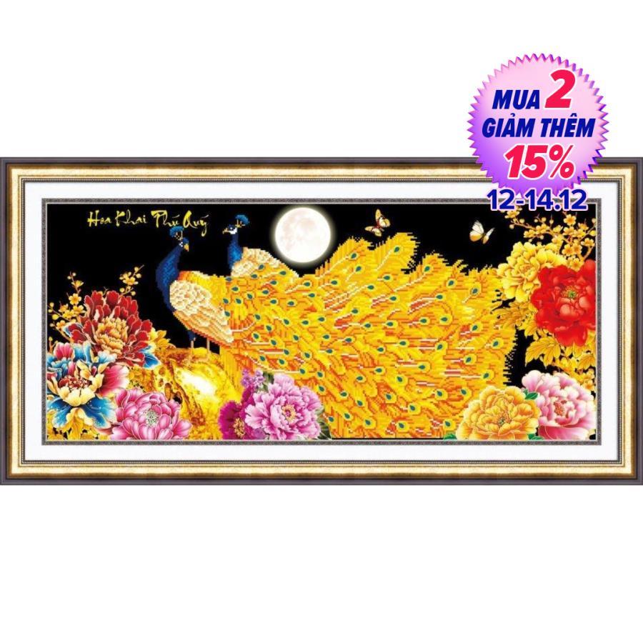 Tranh thêu chữ thập đôi công kim sắc DLH-88956-82x40cm