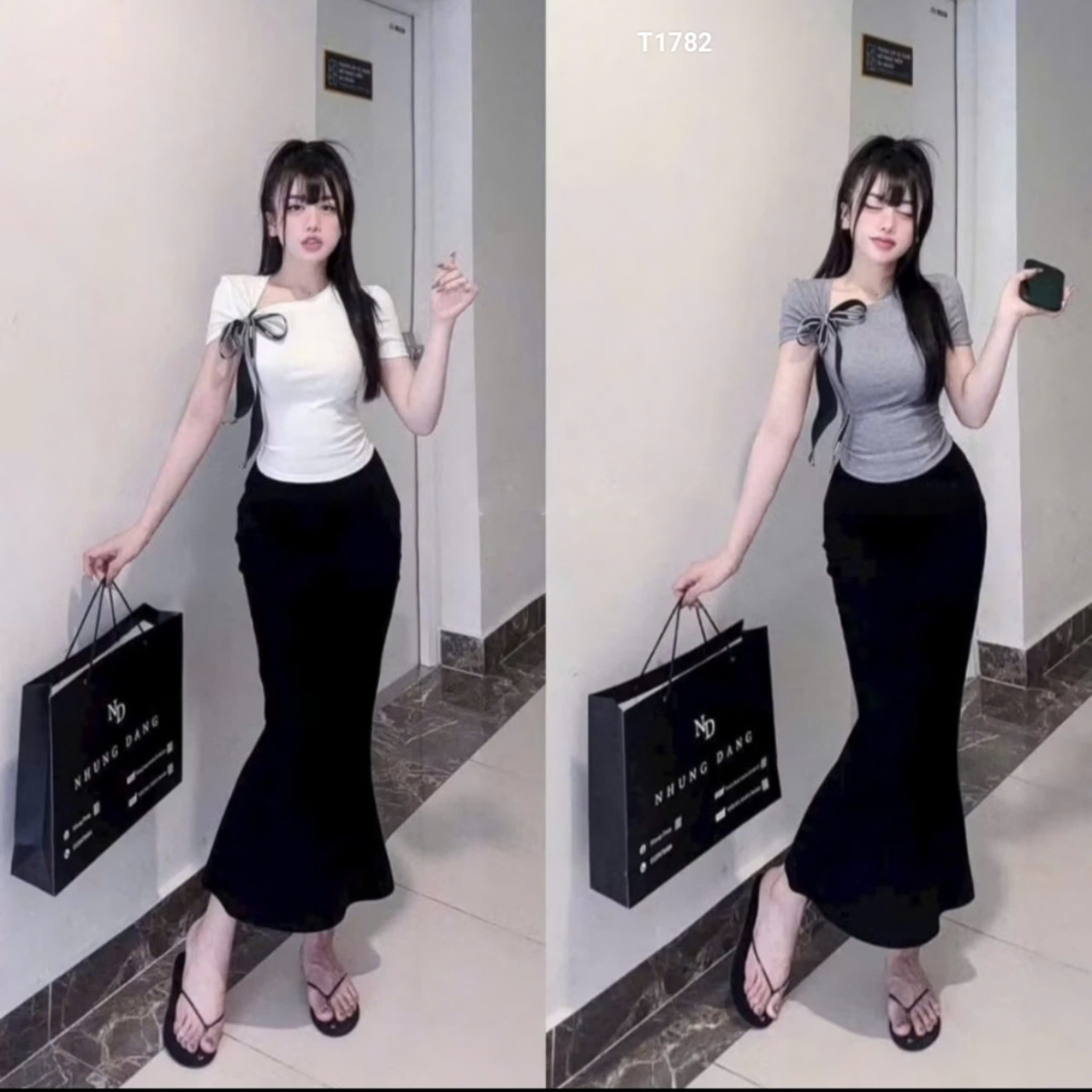 Sét áo tăm lạnh lại bầu phối nơ ruy băng kèm chân váy body đuôi cá Sam Closet Phù Hợp Để Tới Công Sở, Đi Làm T1782