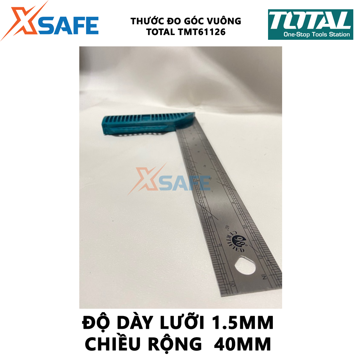 Thước đo góc vuông TOTAL TMT61126 | Thước eke vuông Chiều dài 300mm (12 ), Chiều rộng lưỡi dao 40mm, Độ dày lưỡi:1,5mm, Lưỡi thép không gỉ, để đo góc vuông vát cạnh đo bên trong và bên ngoài