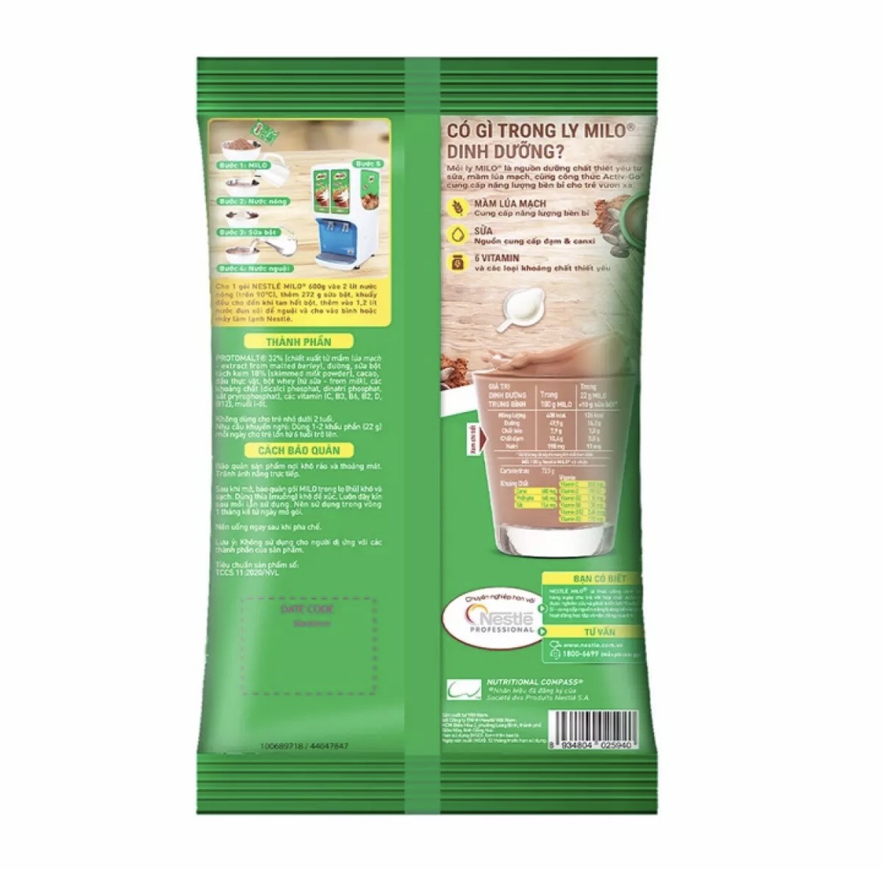 Bột Milo Nestle nguyên chất dạng bịch 600gr - bột milo milo dầm
