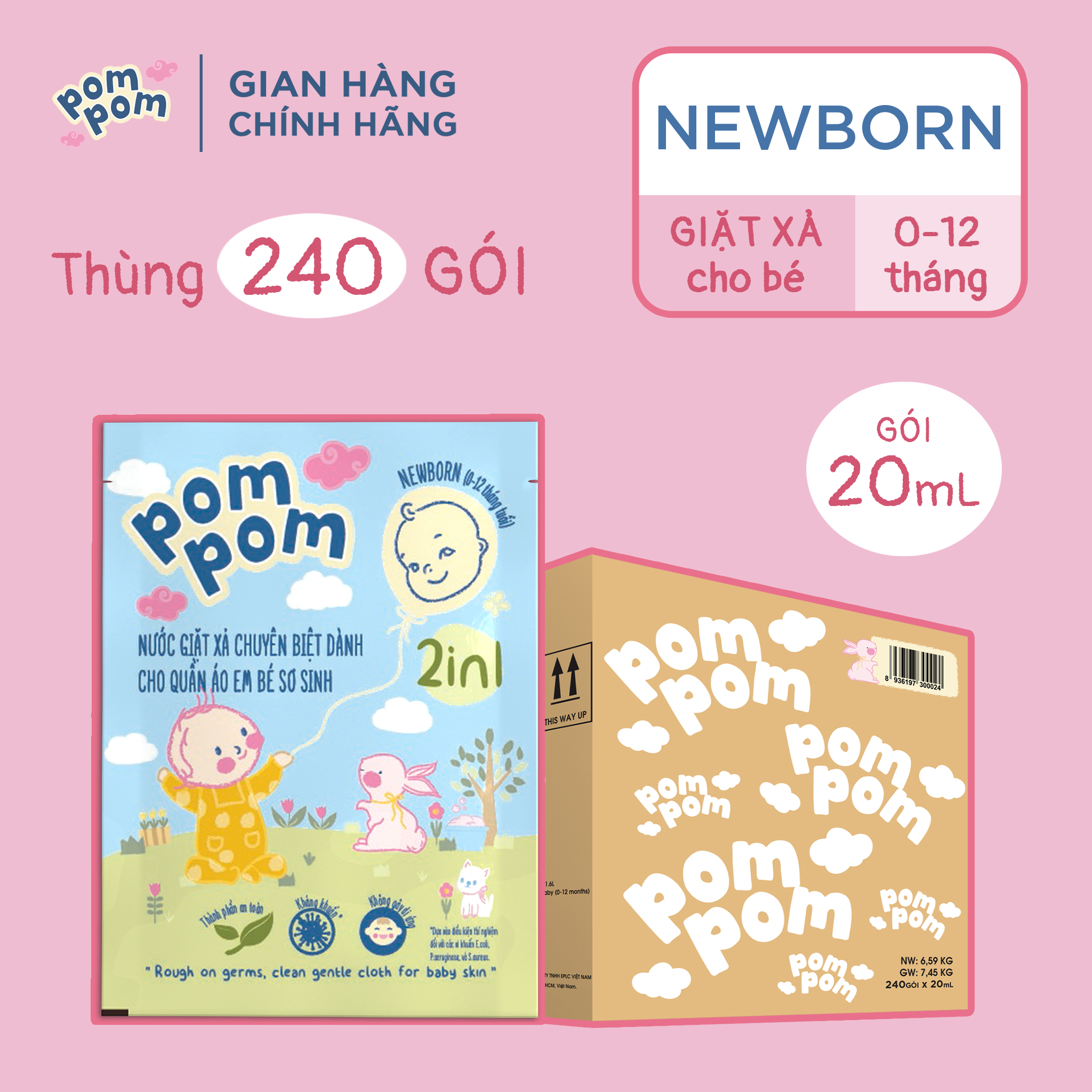 Thùng Gói Nước Giặt Xả Pom Pom Newborn An Toàn Cho Da Bé 0-1 Tuổi thùng