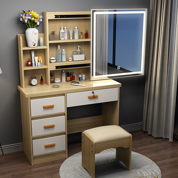 Bàn phấn gỗ có gương đèn Led cảm ứng đổi màu thông minh 80cm - Bộ bàn ghế trang điểm có kệ tủ để đồ 2 màu vàng trắng decor phòng ngủ đẹp