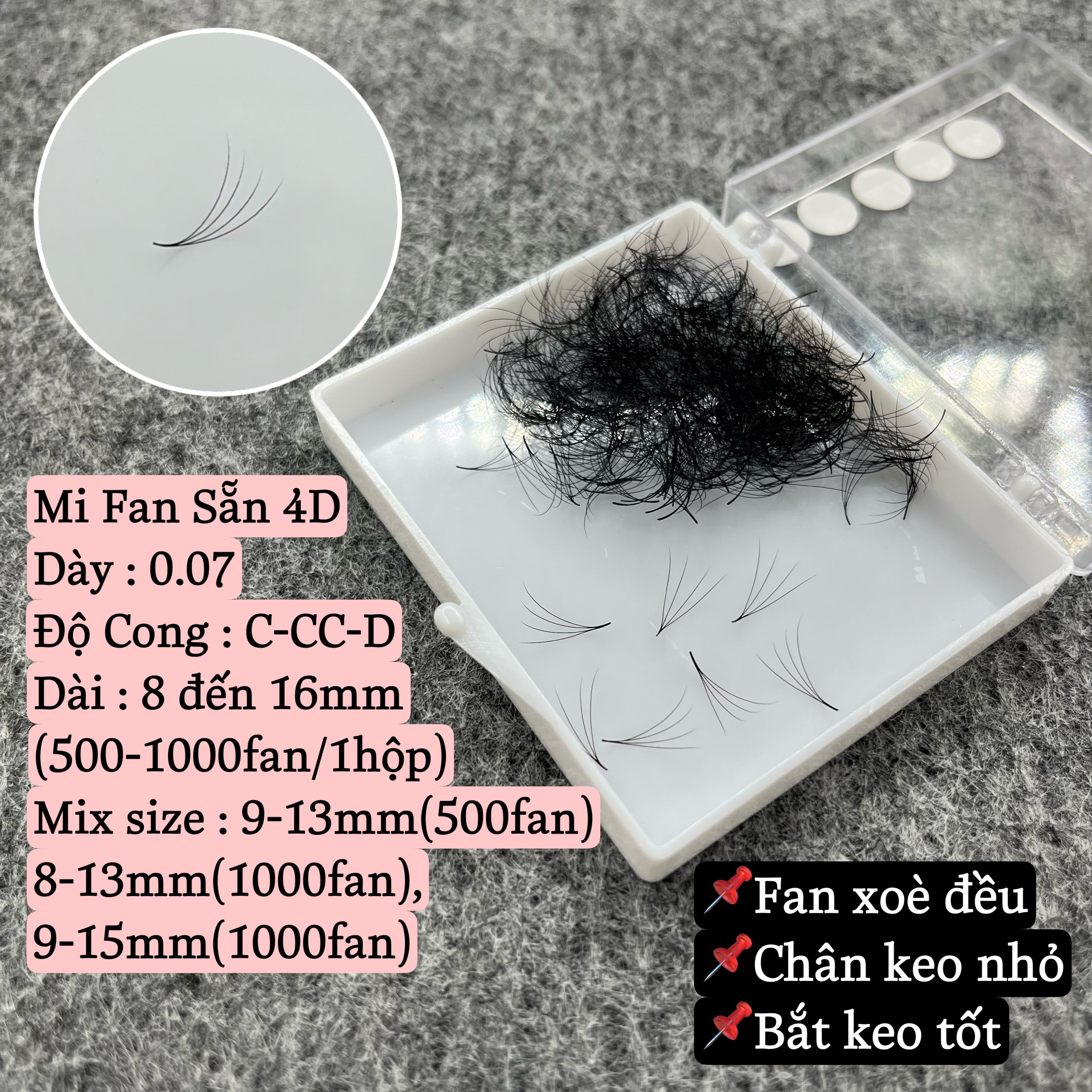 Mi fan sẵn 4D_dày 0.07 (8-16mm)_(500/hộp)_xòe đều,chân keo nhỏ,bắt keo tốt_mi volume_nối mi_Thúy Hà