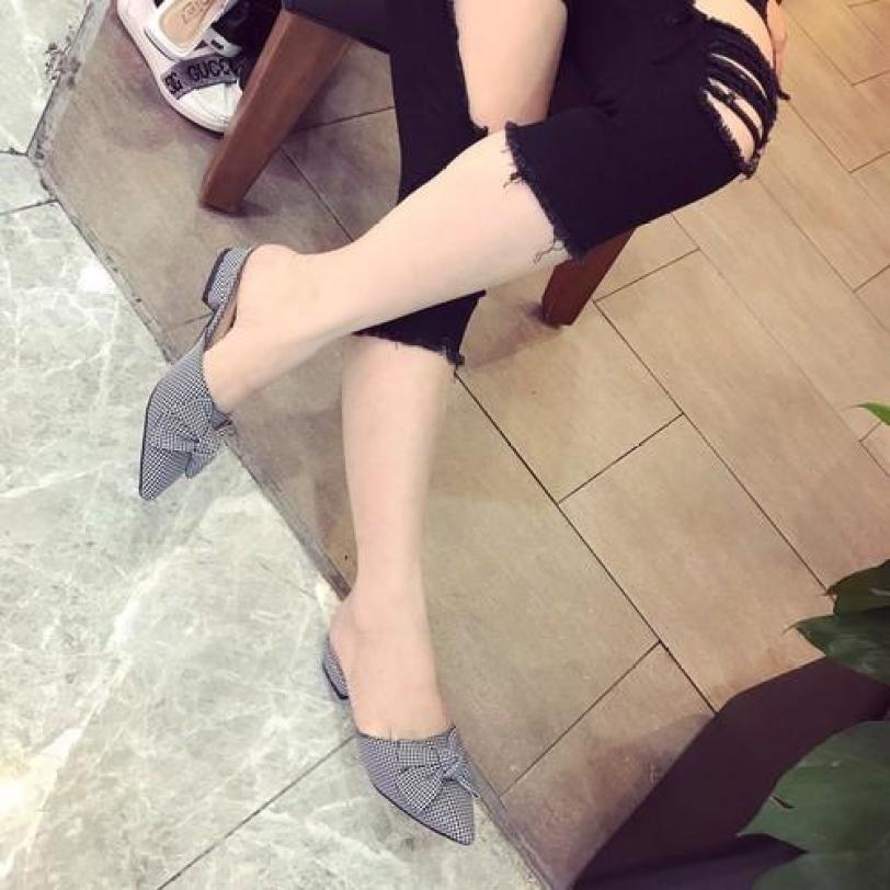 Dép nữ I Sục nơ vải mũi nhọn cực chảnh da lì hàng đẹp đế cao 2p dễ đi/ Dép sục nữ caro hình chụp thật giá rẻ