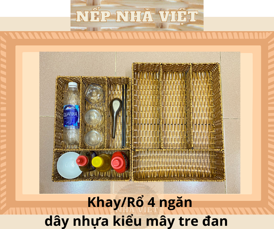 Khay bốn ngăn đa năng bằng dây nhựa kiểu mây tre đan
