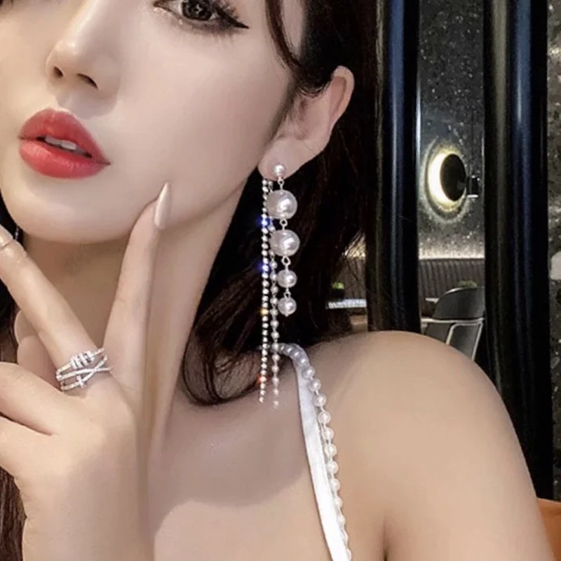 Khuyên tai bạc dài ngọc trai