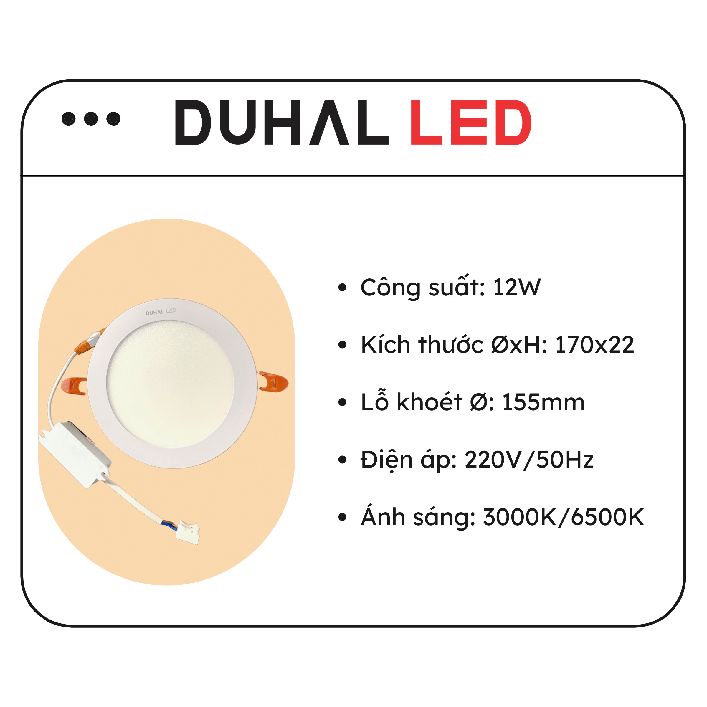 ĐÈN LED PANEL ÂM TRẦN 12W lỗ khoét 155mm (SDGT512) Duhal